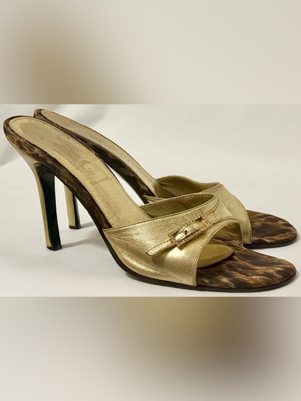 D&G Dolce & Gabbana Vintage Y2K Gold Leather Leopard Rhinestone Mule Heels 38